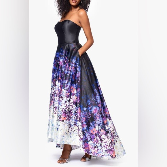 Betsy & Adam Purple Ombré Floral Strapless High Low Ball Gown - Picture 1 of 3